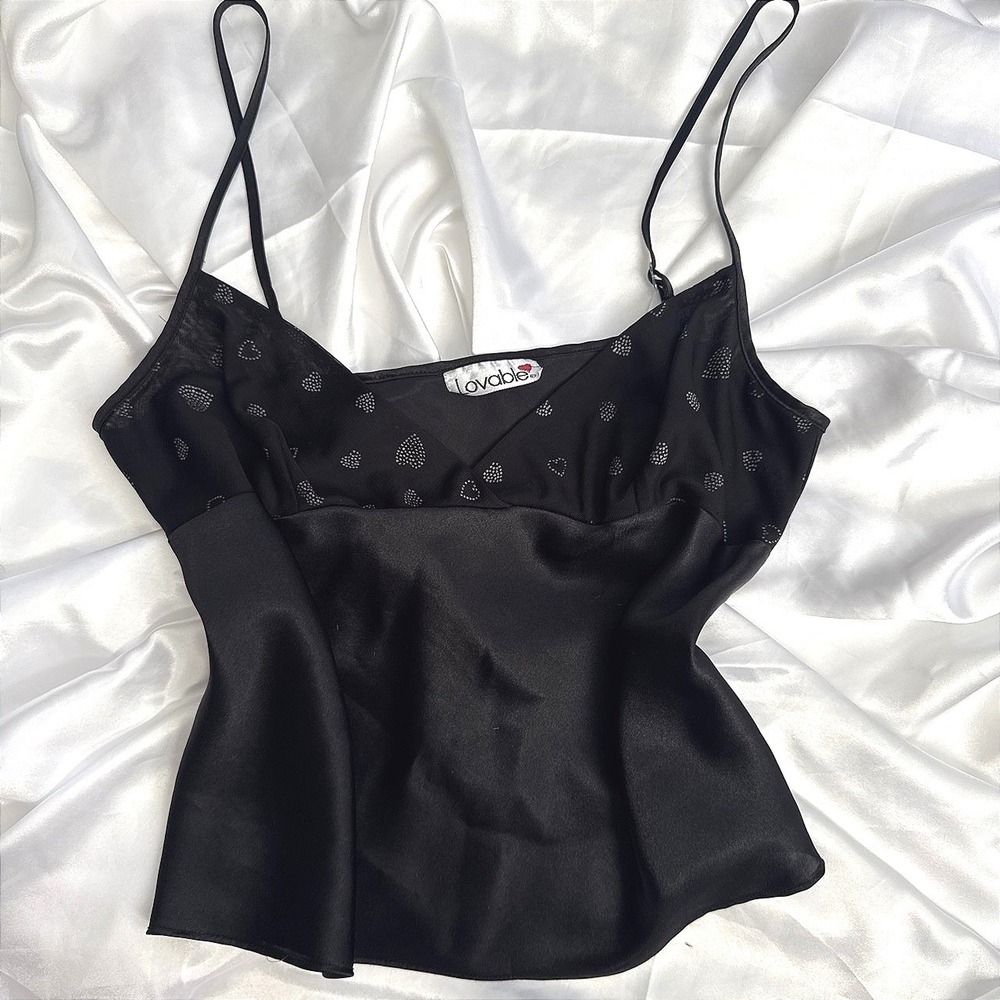 Lovable Black Satin Heart Print Camisole Top Adjustable Straps Womens Small